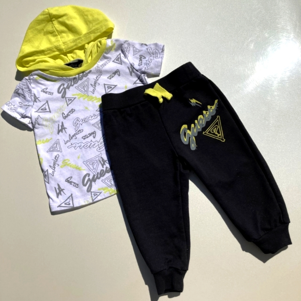 GUESS 2Pc Hooded Shirt w/ Matching Sweatpants Joggers Outfit Size 12 Months Neon